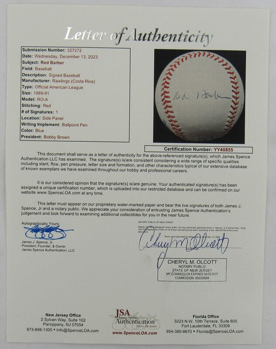 Red Barber Signed Rawlings Baseball JSA LOA YY40855