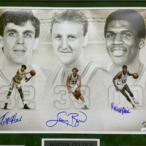 Big Three Larry Bird, Kevin McHale, Robert Parish Hand Signed & Framed Boston Celtics 16x20 Photo (JSA)