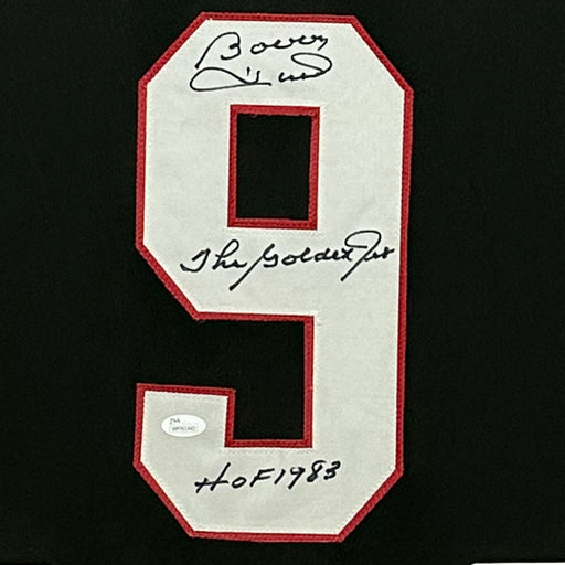 Bobby Hull Signed The Golden Jet Chicago Black Custom Suede Matte Framed Hockey Jersey