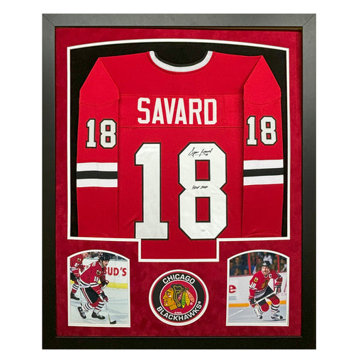 Denis Savard Signed Chicago Red Custom Suede Matte Framed Hockey Jersey (JSA)