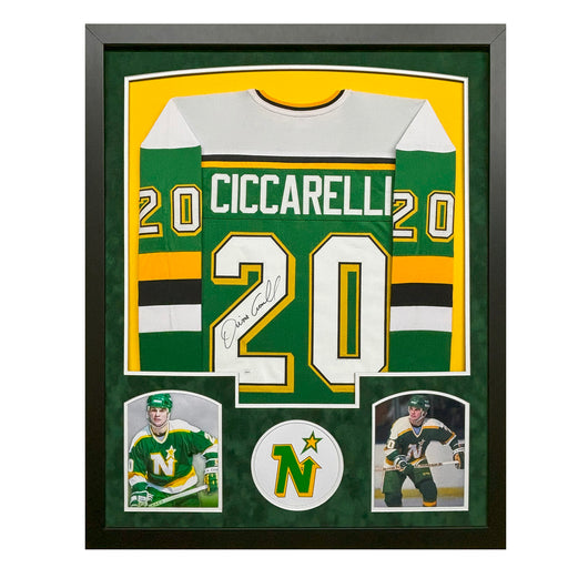 Dino Ciccarelli Signed Minnesota Green Custom Suede Matte Framed Hockey Jersey (JSA)