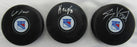 Jimmy Vesey Adam Fox K'Andre Miller Signed Rangers Logo Hockey Puck Lot Fanatics & JSA Certified