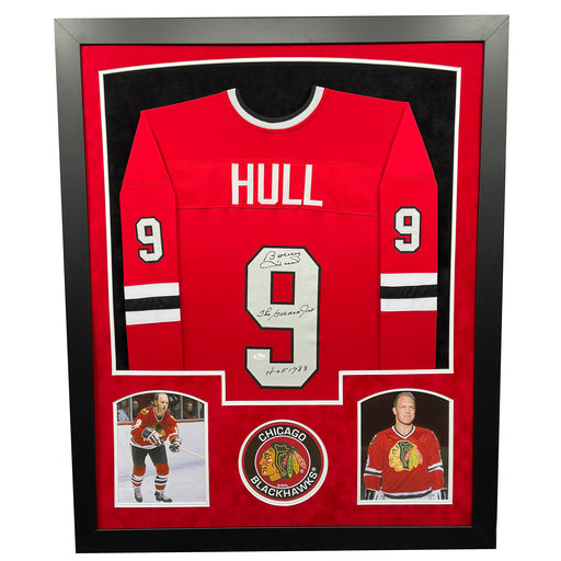 Bobby Hull Signed HOF 1983 Chicago Red Custom Suede Framed hockey Jersey (JSA)