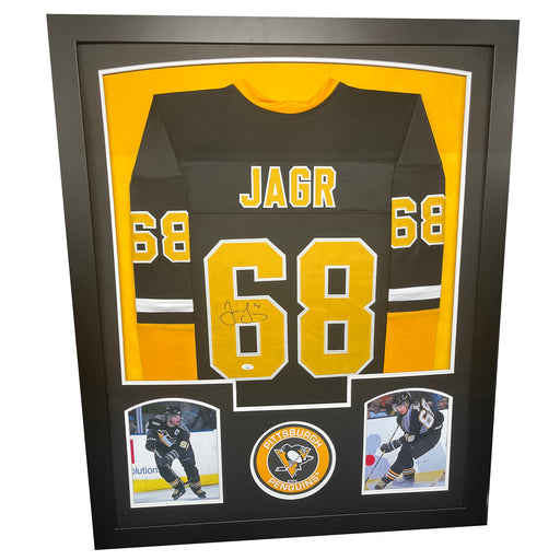 Jaromir Jagr Signed Pittsburgh Black Custom Double-Suede Framed hockey Jersey (JSA)