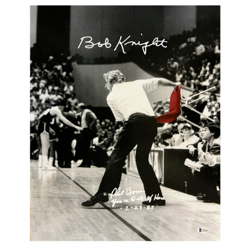 Bob Knight Signed You're Out of Here 2-23-85 Inscribed Indiana College Chair Throw Basketball 16x20 Photo (Beckett)