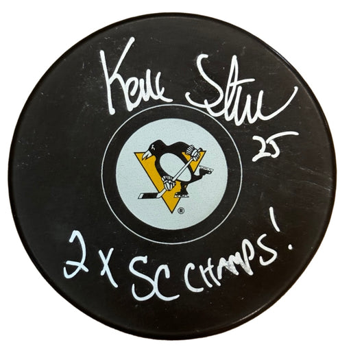 Kevin Stevens Signed 2x SC Champs! Inscription Pittsburgh Penguins Hockey Puck (JSA)