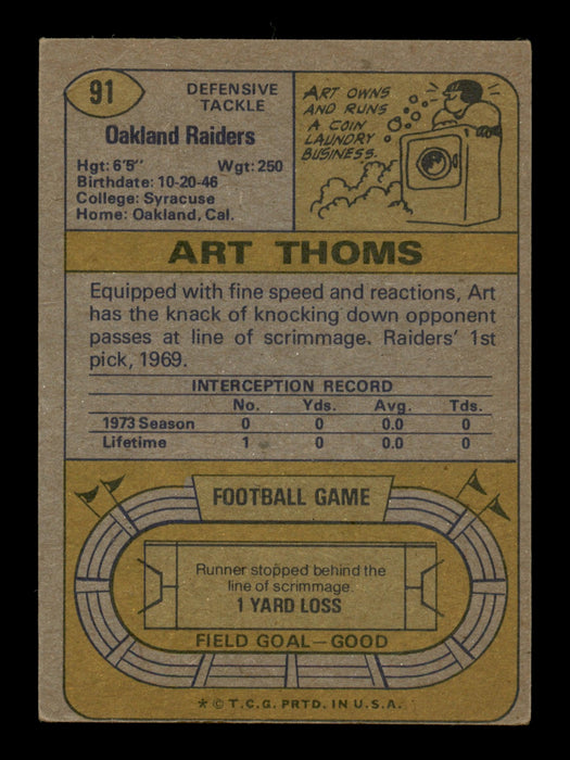 Art Thoms Autographed 1974 Topps Card #91 Oakland Raiders SKU #195421 - RSA
