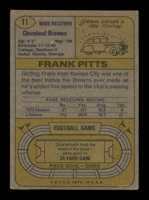 Frank Pitts Autographed 1974 Topps Card #11 Cleveland Browns SKU #195424 - RSA