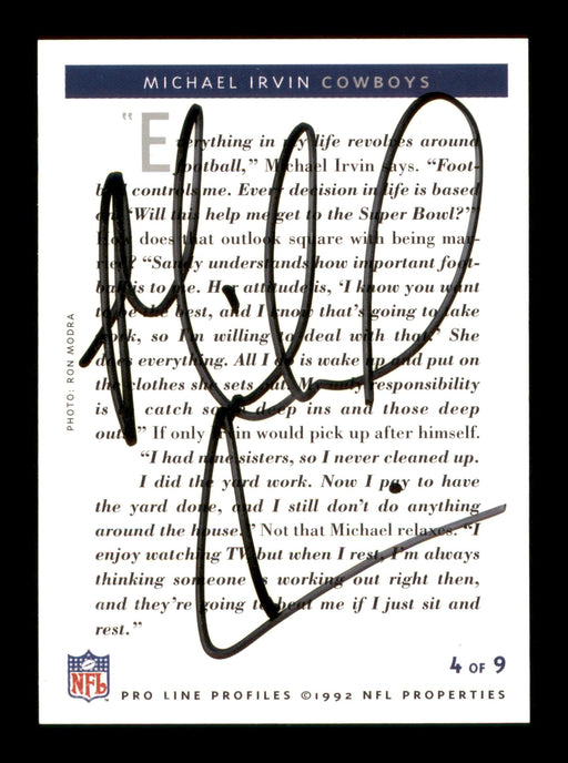 Michael Irvin Autographed 1992 Pro Line Profiles Card #4 Dallas Cowboys Certified Stamp SKU #195616 - RSA