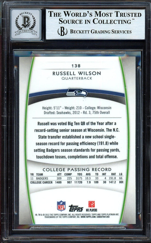 Russell Wilson Autographed 2012 Topps Platinum Rookie Card #138 Seattle Seahawks Auto Grade Gem Mint 10 Beckett BAS #13315616 - RSA