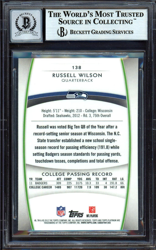 Russell Wilson Autographed 2012 Topps Platinum Rookie Card #138 Seattle Seahawks Auto Grade Gem Mint 10 Beckett BAS #13315617 - RSA