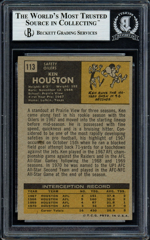 Ken Houston Autographed 1971 Topps Rookie Card #113 Houston Oilers "To Tim" Beckett BAS #11627970 - RSA