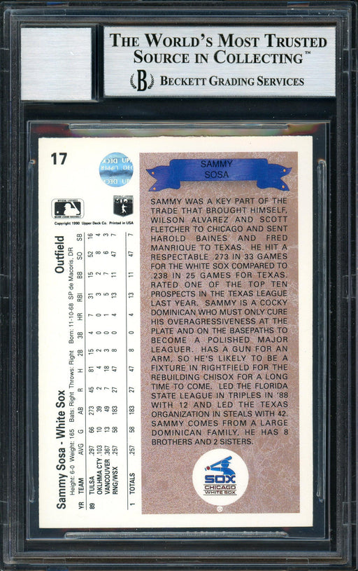Sammy Sosa Autographed 1990 Upper Deck Rookie Card #17 Chicago White Sox Auto Grade 10 Beckett BAS Stock #177674 - RSA