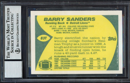 Barry Sanders Autographed 1989 Topps Traded Rookie Card #83T Detroit Lions Auto Grade Gem Mint 10 Beckett BAS Stock #181874 - RSA