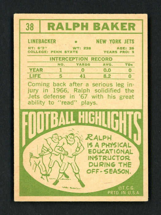 Ralph Baker Autographed 1968 Topps Card #38 New York Jets SKU #156978 - RSA