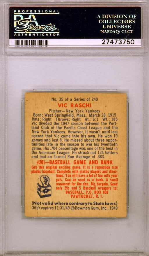 Vic Raschi Autographed 1949 Bowman Rookie Card #35 New York Yankees PSA/DNA #27473750 - RSA