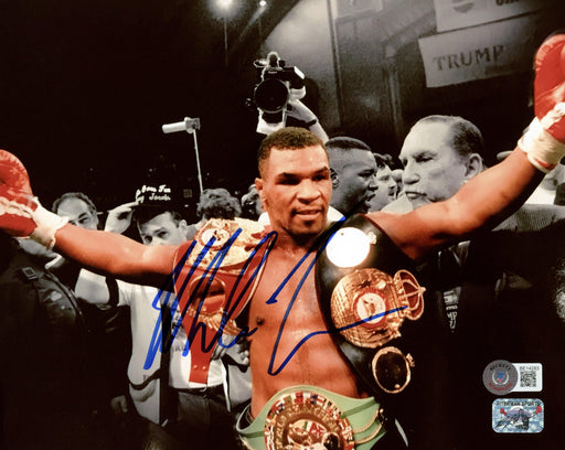 Mike Tyson Autographed 8x10 Photo With Belts Beckett BAS Stock #202433 - RSA