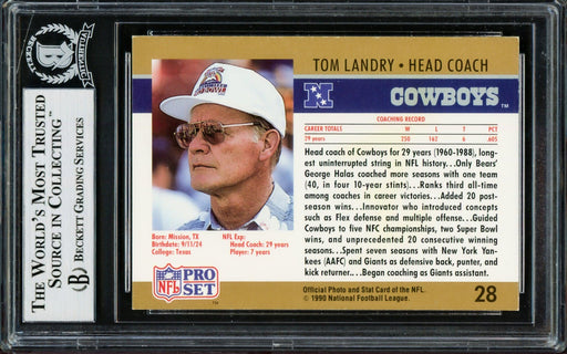 Tom Landry Autographed 1990 Pro Set Card #28 Dallas Cowboys Beckett BAS #14133819 - RSA