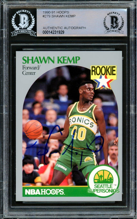 Shawn Kemp Autographed 1990 Hoops Rookie Card #279 Seattle Supersonics Beckett BAS Stock #206662 - RSA