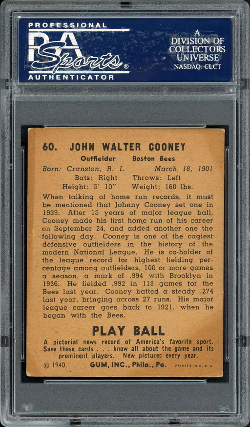 Johnny Cooney Autographed 1940 Play Ball Card #60 Boston Bees PSA/DNA #83839533 - RSA
