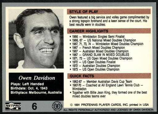 Owen Davidson Autographed 1991 NetPro The Legends Card #6 "Best Wishes" SKU #148259 - RSA