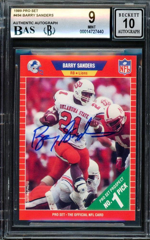 Barry Sanders Autographed 1989 Pro Set Rookie Card #494 Detroit Lions BGS 9 Auto Grade Gem Mint 10 Beckett BAS Stock #209302 - RSA