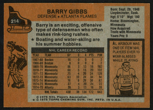 Barry Gibbs Autographed 1975-76 Topps Card #214 Atlanta Flames SKU #149963 - RSA