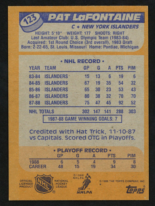Pat LaFontaine Autographed 1988-89 Topps Card #123 New York Islanders SKU #152034 - RSA