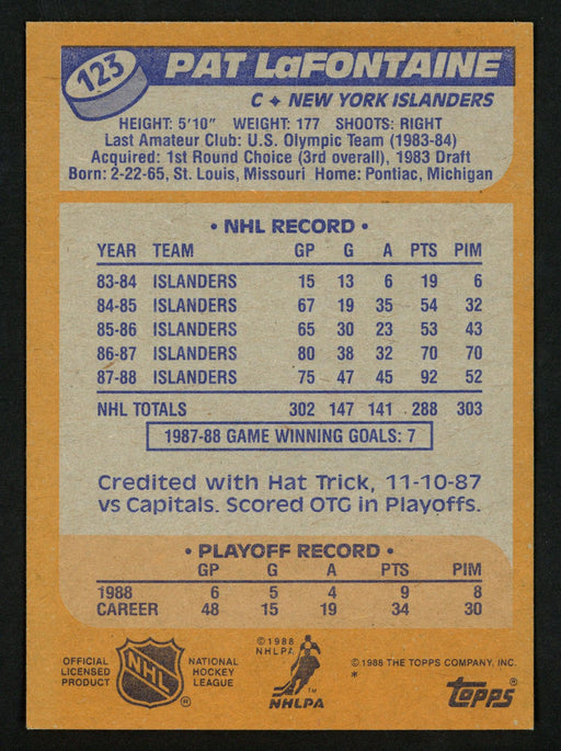 Pat LaFontaine Autographed 1988-89 Topps Card #123 New York Islanders SKU #152033 - RSA