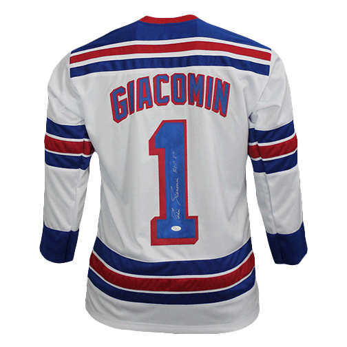 Eddie Giacomin Autographed Pro Style New York Hockey Jersey White (JSA) HOF Inscription Included - RSA