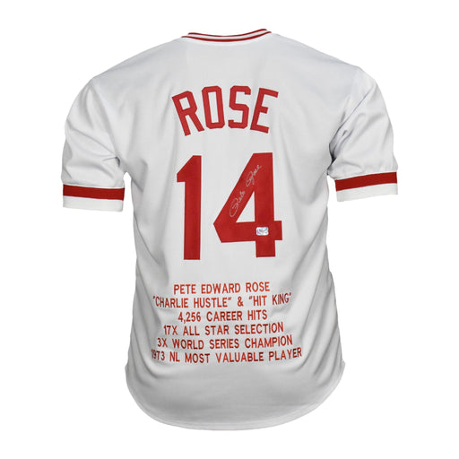 Pete Rose Signed Stats Cincinnati Pro Edition White Jersey (Fiterman and JSA) - RSA