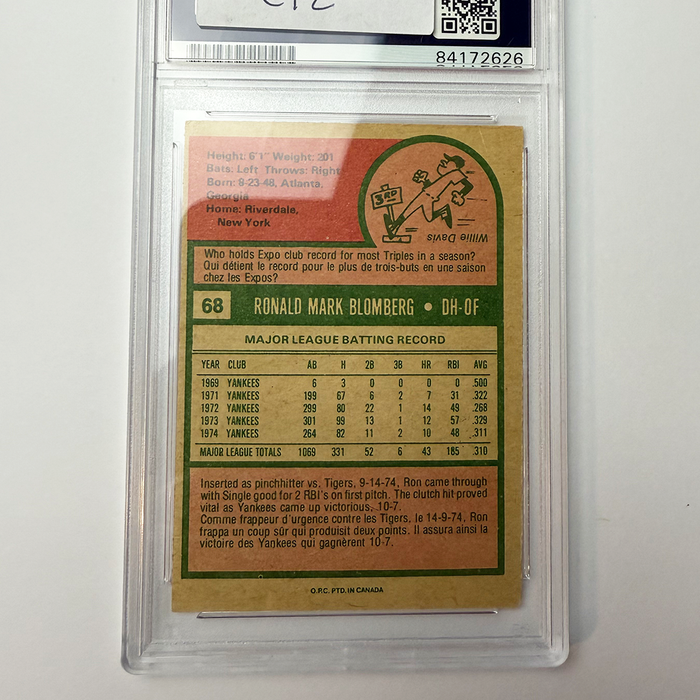 Ron Blomberg Signed 1975 OPC #68 Yankees 1st ML DH 4/6/73 PSA Auto Authentic