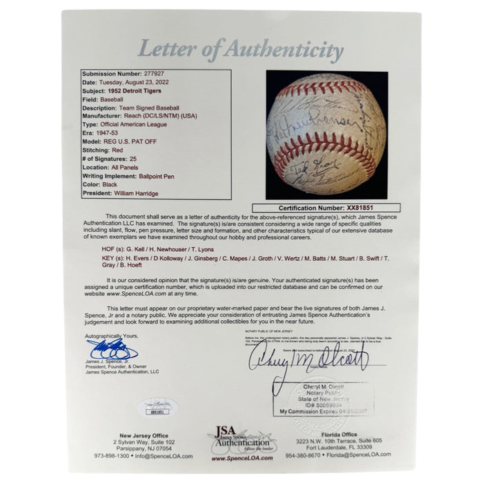 1952 Detroit Tigers Team Signed Official American League Baseball (JSA)