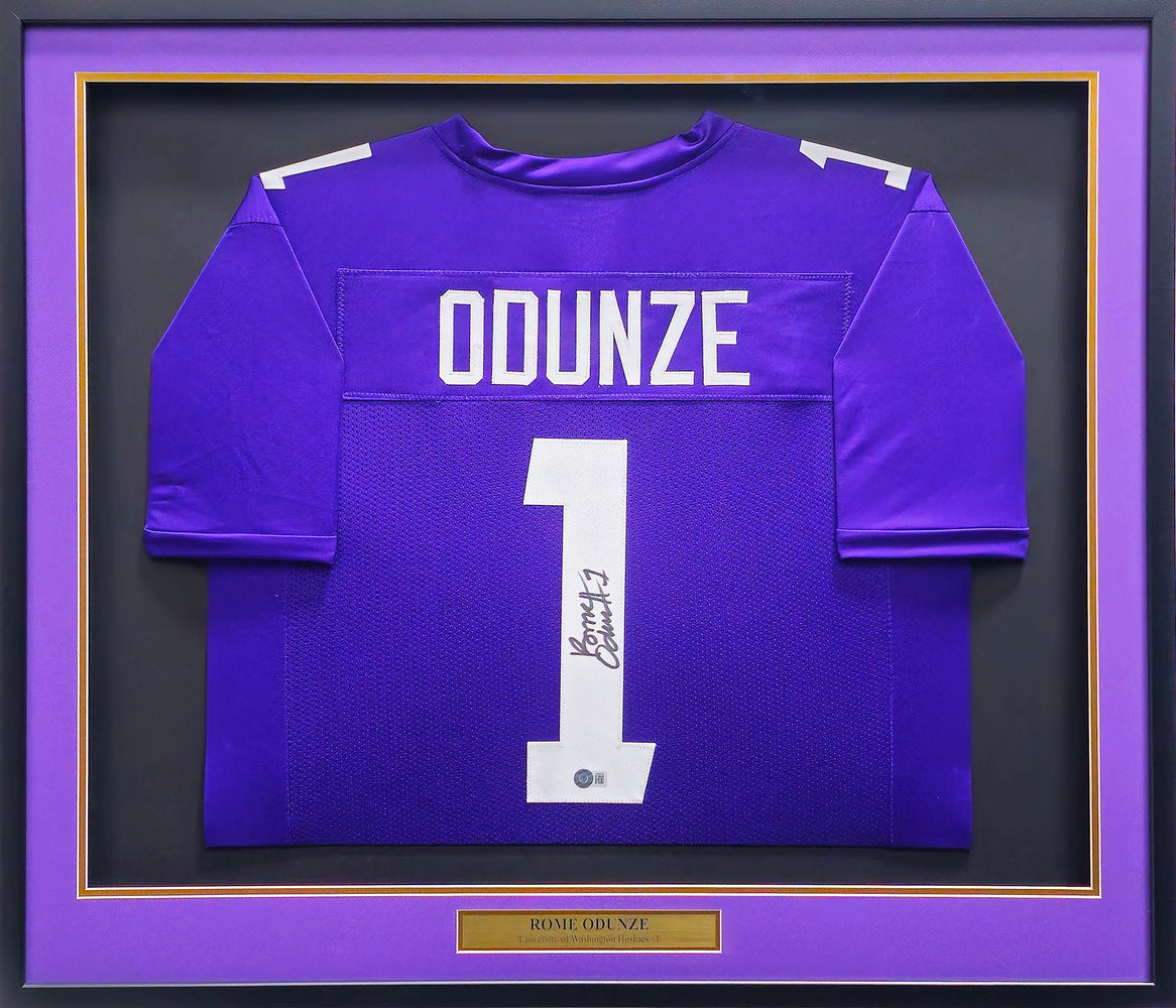 Washington Huskies Rome Odunze Autographed Framed Purple Jersey Beckett BAS Witness