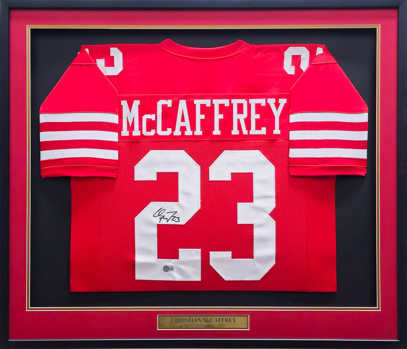 San Francisco 49ers Christian McCaffrey Autographed Framed Red Jersey Beckett BAS QR