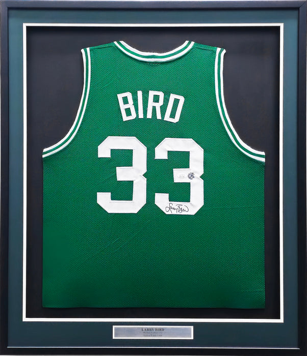 Boston Celtics Larry Bird Autographed Framed Green Jersey JSA