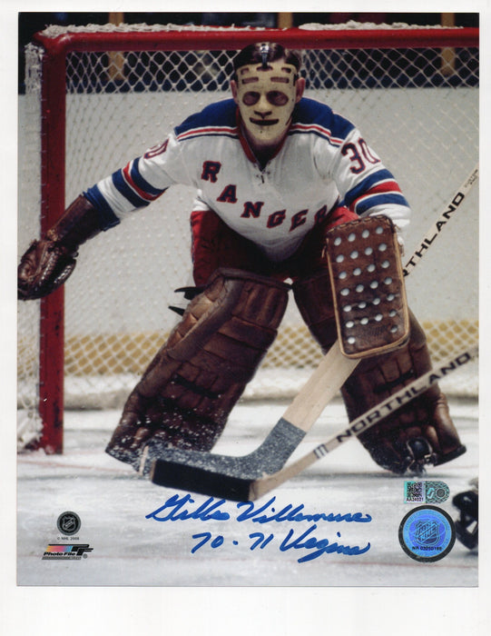 Gilles Villemure Signed 70-71 Vezina Inscription 8x10 Photo (AIV AA24021)