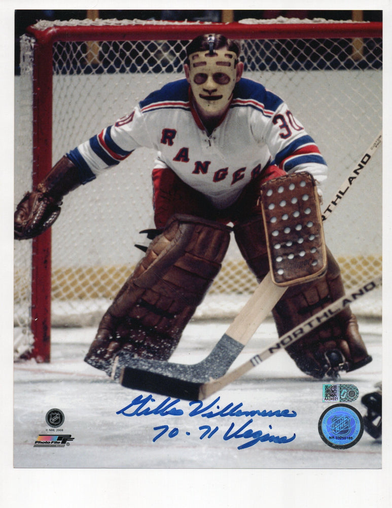Gilles Villemure Signed 70-71 Vezina Inscription 8x10 Photo (AIV AA24021)