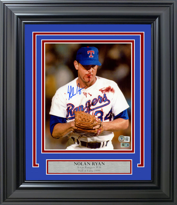 Nolan Ryan Autographed Framed 8x10 Photo Texas Rangers Bloody Beckett BAS QR