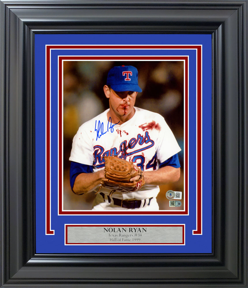 Nolan Ryan Autographed Framed 8x10 Photo Texas Rangers Bloody Beckett BAS QR