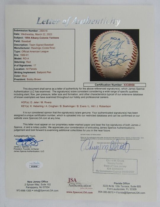 1994 Albany Colonie Yankees Signed Baseball Derek Jeter Mariano Rivera +15 JSA XX38958
