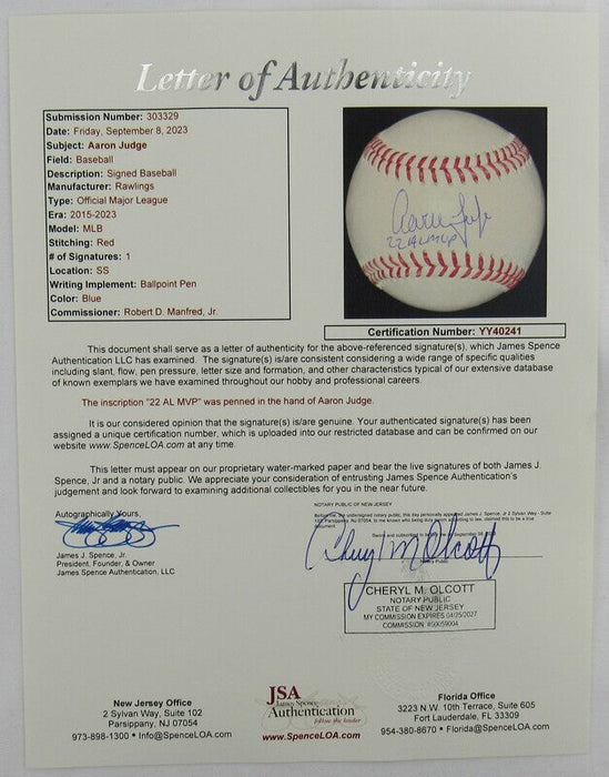 Aaron Judge Signed Rawlings Baseball JSA LOA YY40241