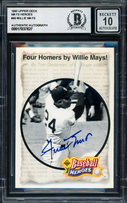 Willie Mays Autographed 1992 Upper Deck Heroes Card #49 San Francisco Giants Auto Grade Gem Mint 10 #345/660 Beckett BAS #17037827