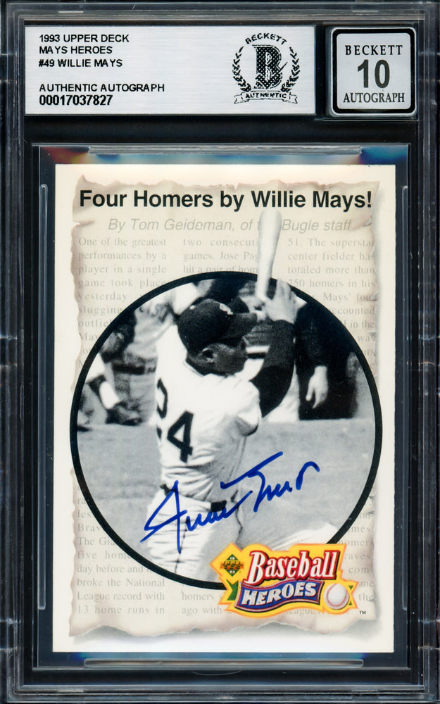 Willie Mays Autographed 1992 Upper Deck Heroes Card #49 San Francisco Giants Auto Grade Gem Mint 10 #345/660 Beckett BAS #17037827