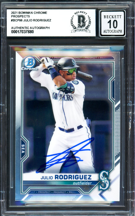 Julio Rodriguez Autographed 2021 Bowman Chrome Rookie Card #BCP86 Seattle Mariners Auto Grade Gem Mint 10 Beckett BAS #17037880