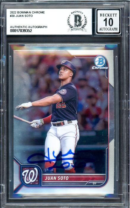 Juan Soto Autographed 2022 Bowman Chrome Card #30 New York Yankees Auto Grade Gem Mint 10 Beckett BAS #17039352