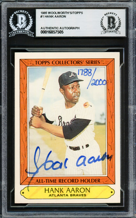 Hank Aaron Autographed 1985 Topps Woolworths Card #1 Atlanta