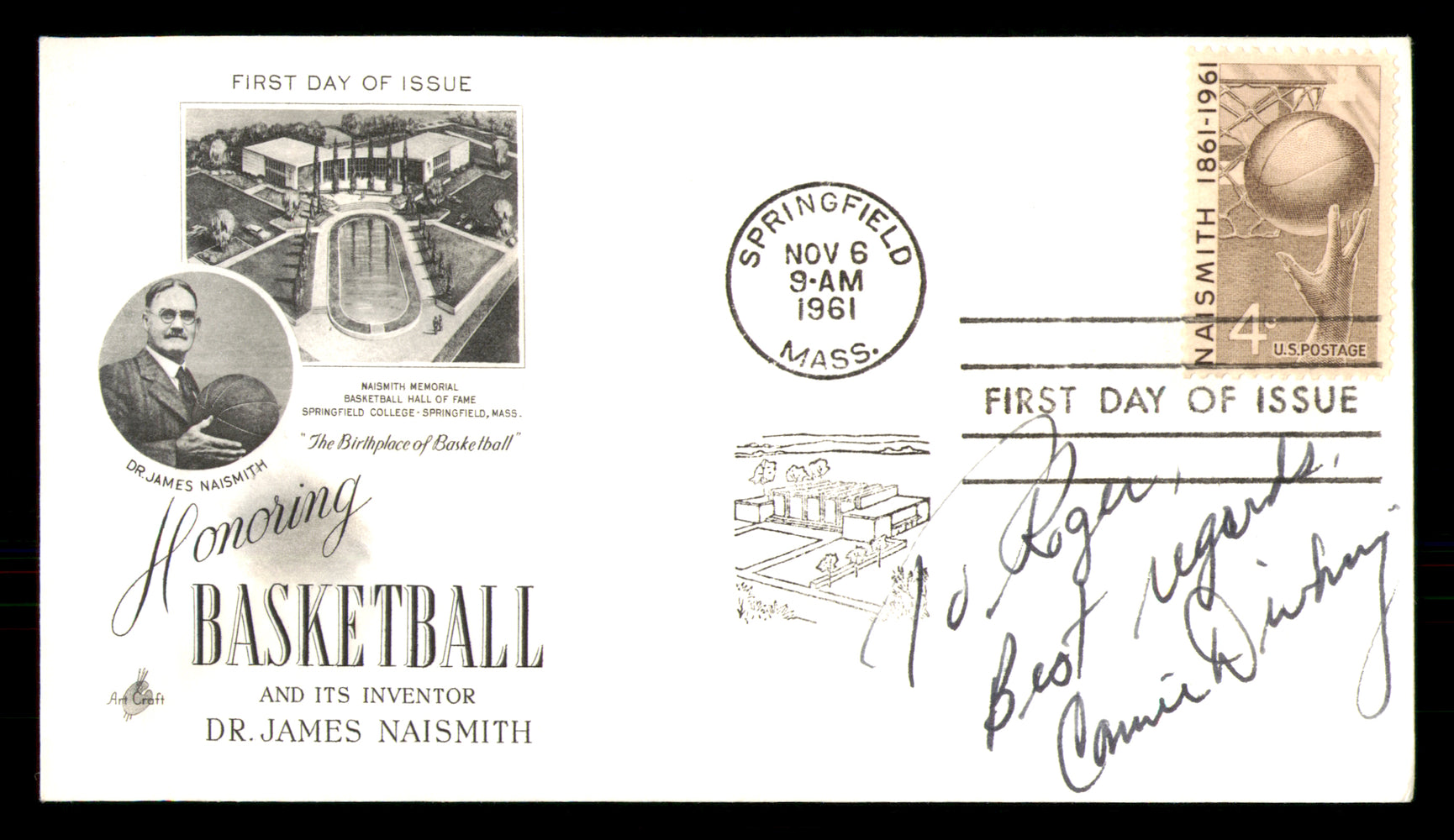 Connie Dierking Autographed 1961 First Day Cover Philadelphia 76ers "To Roger Best regards"