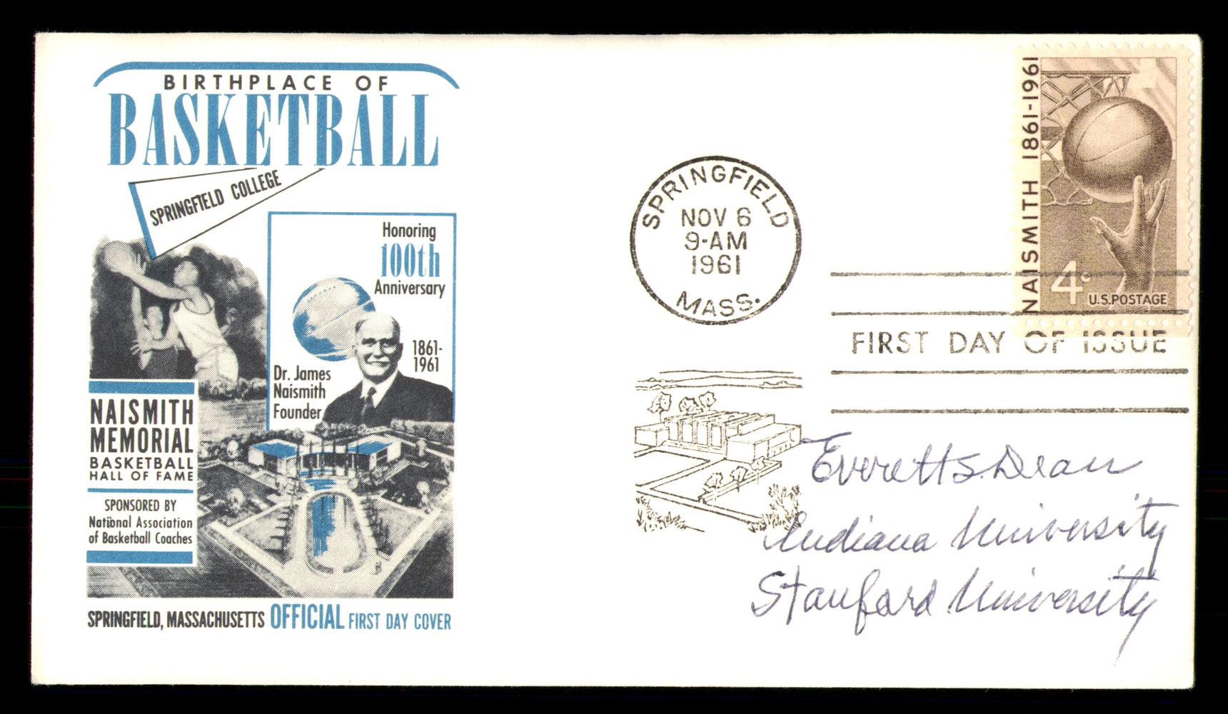 Everett Dean Autographed 1961 First Day Cover Indiana Stanford "Indiana University Stanford University"