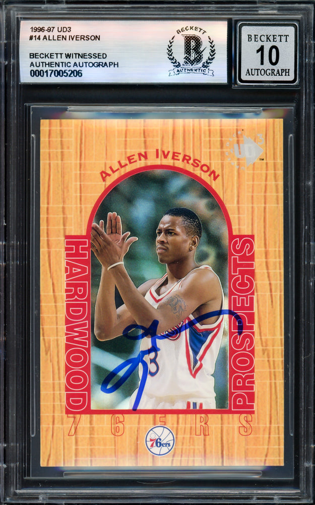 Allen Iverson Autographed 1996-97 UD3 Rookie Card #14 Card Philadelphia 76ers Auto Grade Gem Mint 10 Beckett BAS Witness